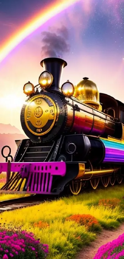Colorful train under a rainbow on a vibrant floral path.