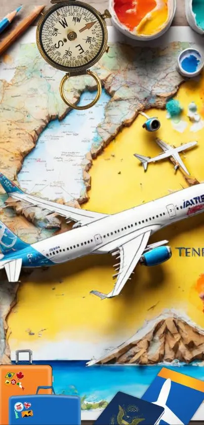 Colorful wallpaper with plane, map, and art.
