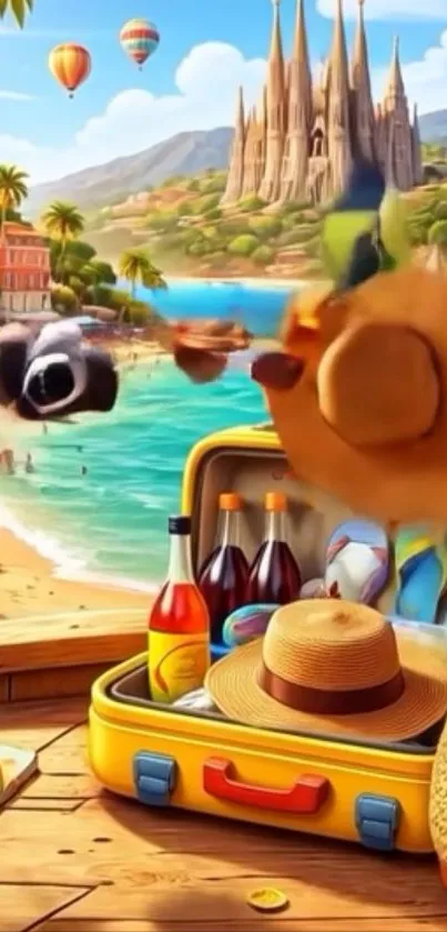 Colorful travel-themed mobile wallpaper with beach and landmarks.