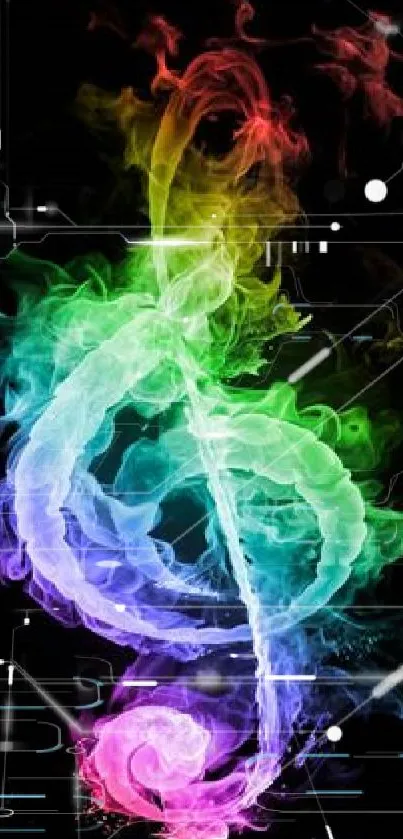 Colorful treble clef made of smoke on black background.