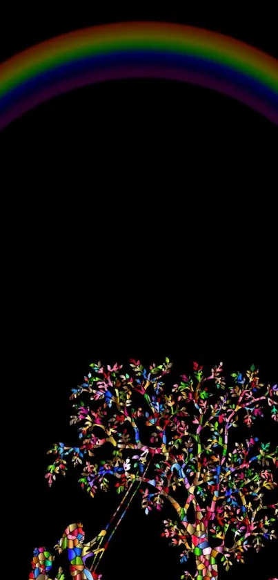 Colorful tree with rainbow on black wallpaper background.