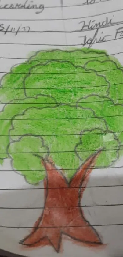 Hand-drawn green tree on lined paper.