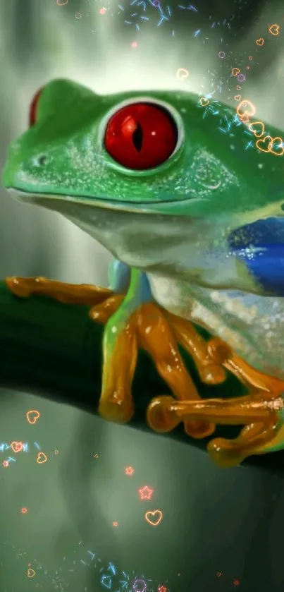 Colorful tree frog perched on a green branch.