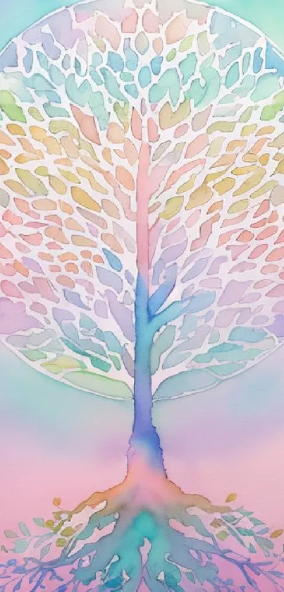 Vibrant watercolor tree of life wallpaper with pastel hues and intricate details.