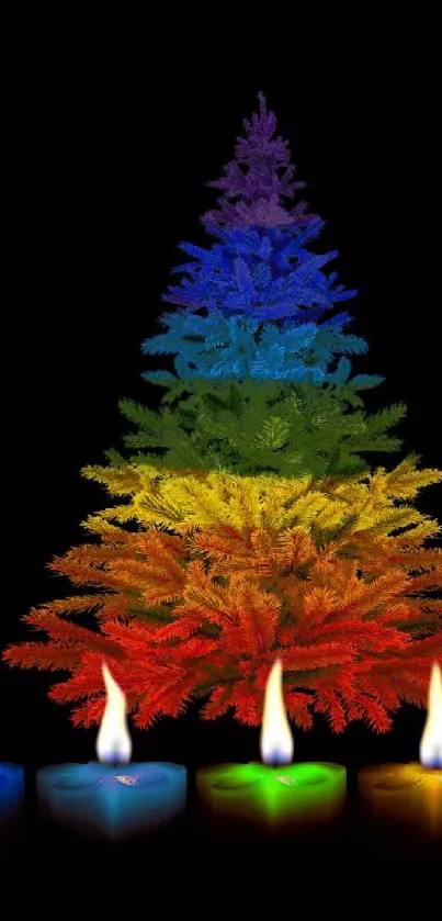 Rainbow-colored tree with glowing candles on black background.