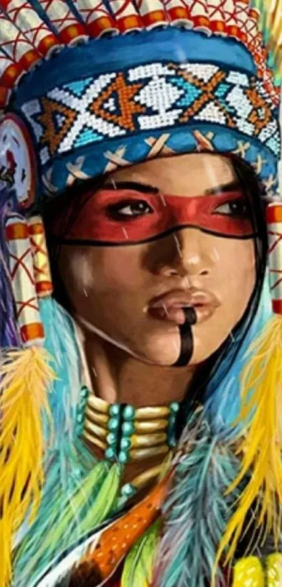 Colorful tribal portrait with feathers and headdress.