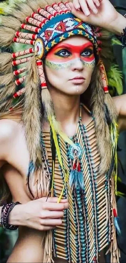 Tribal woman adorned in colorful feather headdress with forest backdrop.