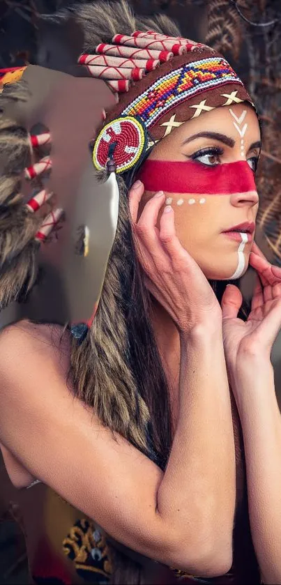 A vibrant portrait featuring a woman in a colorful tribal headdress with artistic patterns.