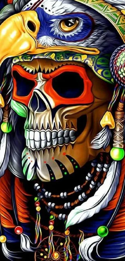 Vibrant tribal skull wallpaper with bold colors and intricate details.