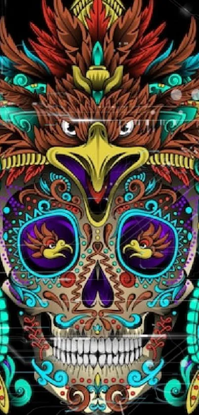 Vibrant tribal skull with colorful design and intricate patterns on black background.