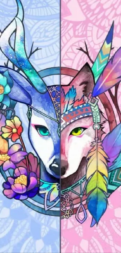 Tribal wolf with colorful feathers and bold patterns wallpaper.