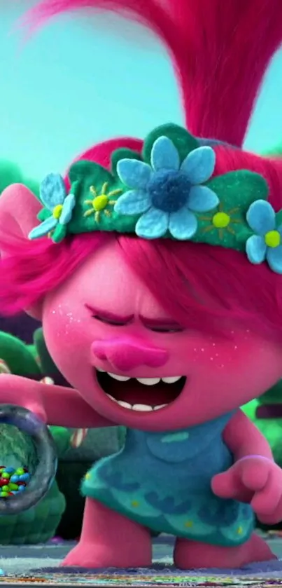 Colorful pink troll character with floral headband.