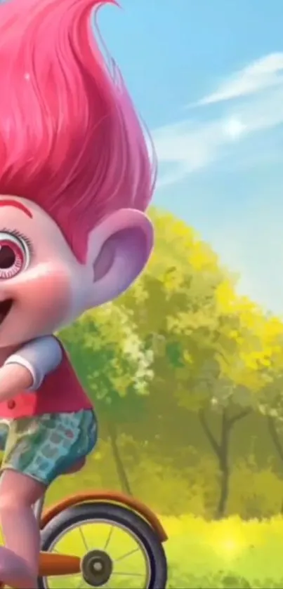 Colorful troll character riding a bicycle in a vibrant forest.