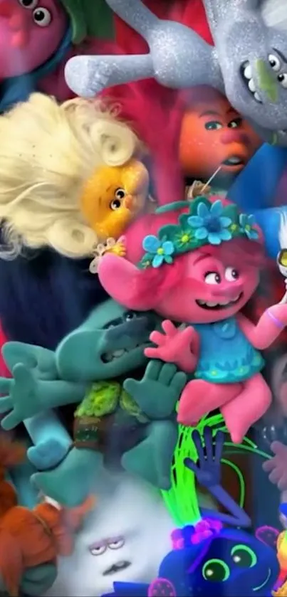 Vibrant trolls characters in animated fun setting.