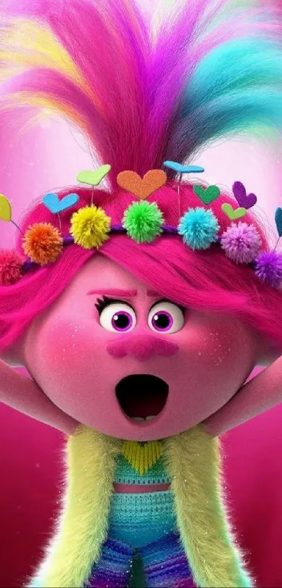 Colorful Trolls character with rainbow hair and a vibrant pink background.