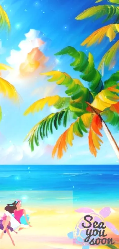 Colorful tropical beach with palm trees and ocean waves.