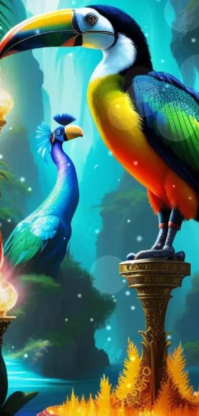 Colorful toucan and peacock in a vibrant jungle setting.