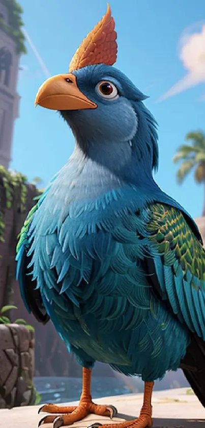 A colorful tropical bird with blue feathers in a lush, ancient setting.