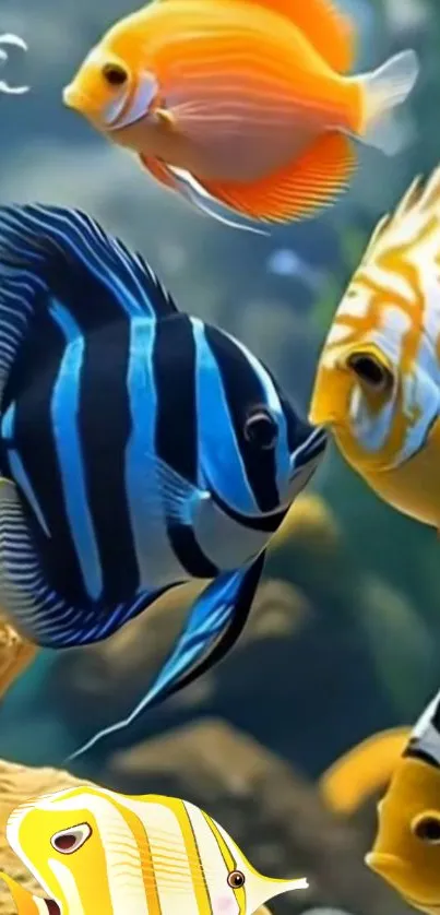 Vibrant tropical fish swimming in colorful coral reef.