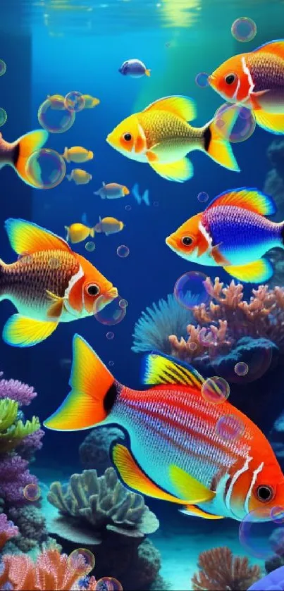 Colorful tropical fish swimming in a vibrant coral reef underwater scene.