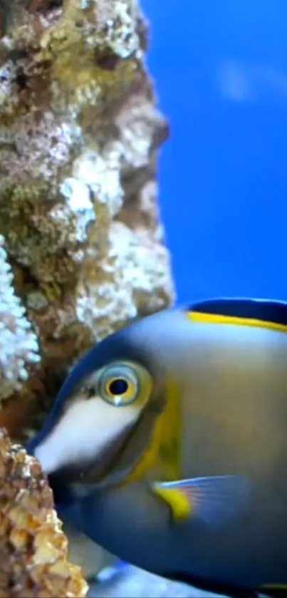 Tropical fish in coral reef with a vivid blue background.