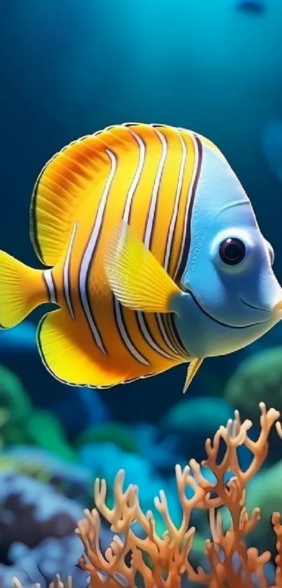 Vibrant tropical fish swimming by coral, underwater.