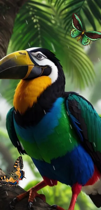 Colorful toucan with butterflies in a tropical setting.