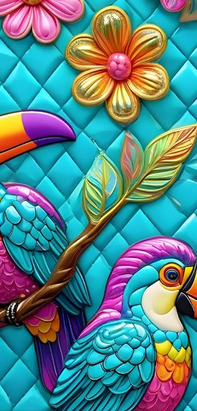 Colorful toucans and flowers in vibrant tropical design wallpaper.