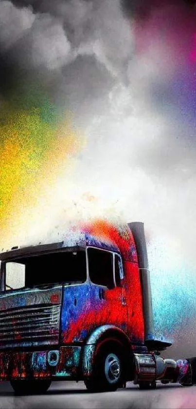 Colorful truck with artistic splashes in a cloudy sky wallpaper.