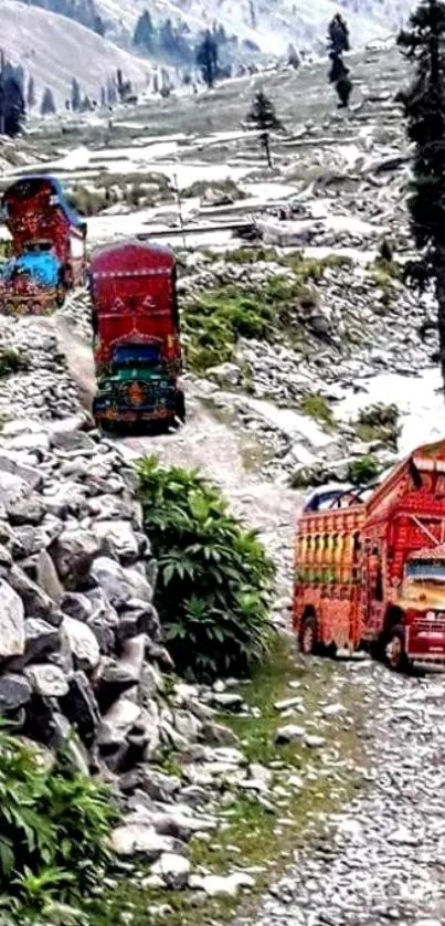 Colorful trucks navigating a rocky mountain path.