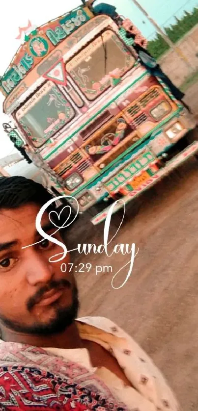 Colorful truck with selfie, vibrant beige hues.