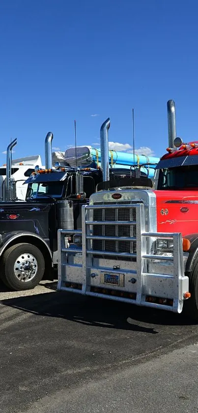 Colorful trucks parked under a bright blue sky, showcasing vibrant designs.