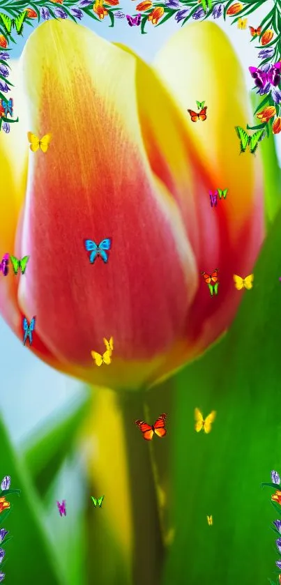 Vibrant tulip with colorful butterflies and lush green leaves.