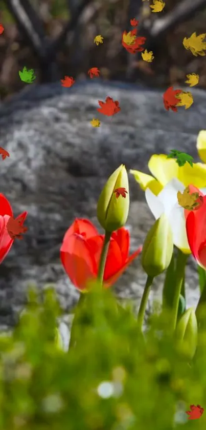 Vibrant wallpaper of tulips and daffodils set against a natural backdrop.