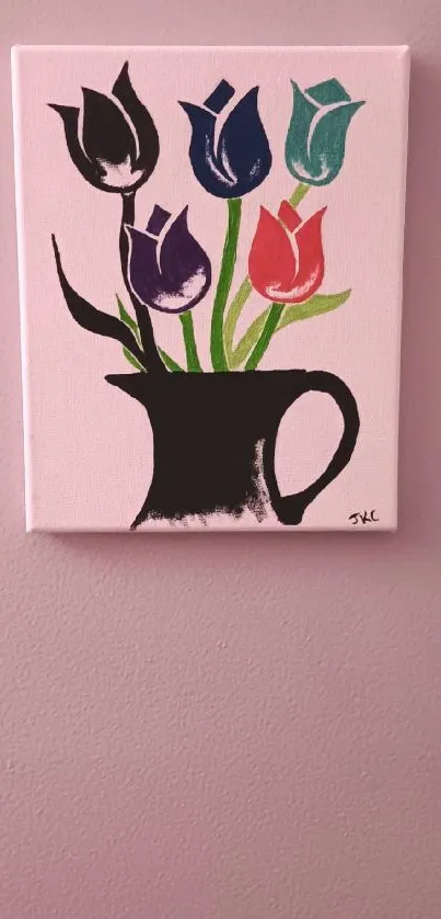 Colorful tulip art painting with various flowers in a vase on a pink wall backdrop.