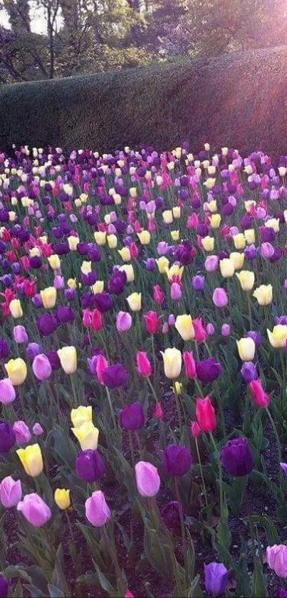 Vibrant tulip garden with colorful blooms under morning light.