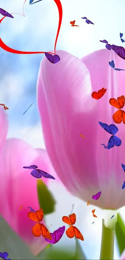 Pink tulips with vibrant butterflies in blue sky.