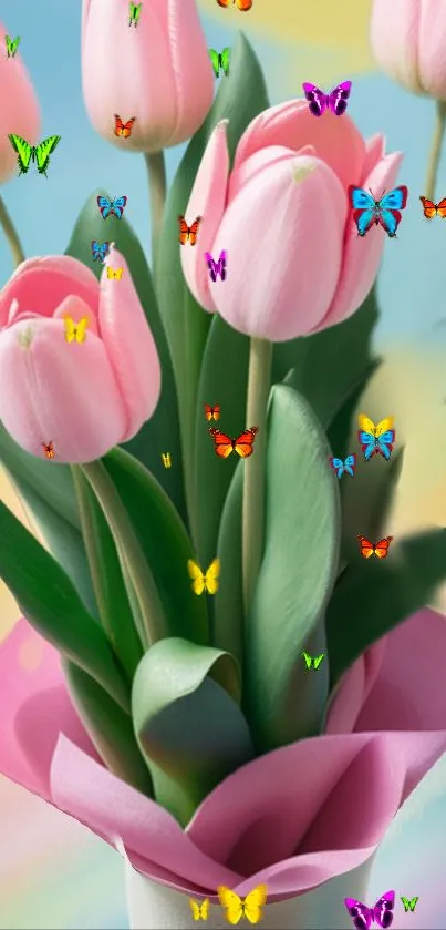 Pink tulips with colorful butterflies on a vibrant background.