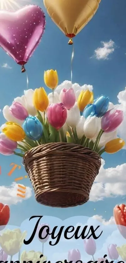 Colorful tulips and heart balloons in the sky wallpaper.