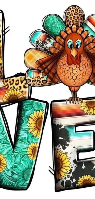 Colorful turkey art wallpaper for mobile with paisley and sunflowers.