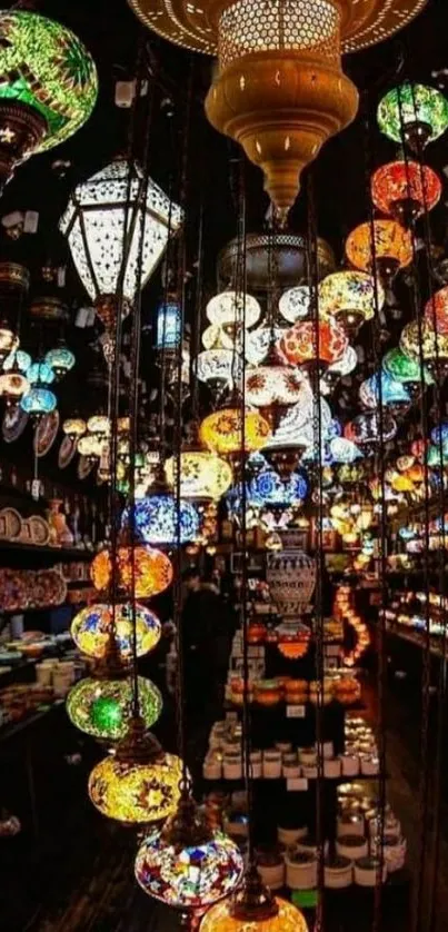 Vibrant Turkish mosaic lamps illuminating the space.