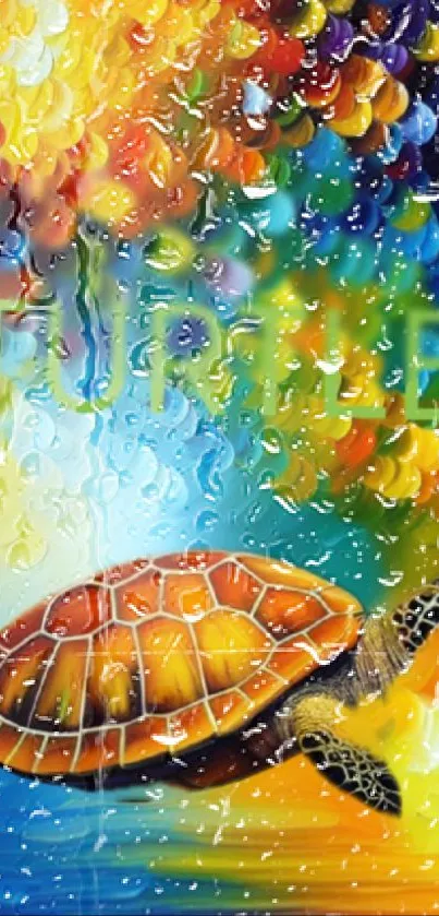 Colorful turtle art wallpaper with abstract rainbow background.