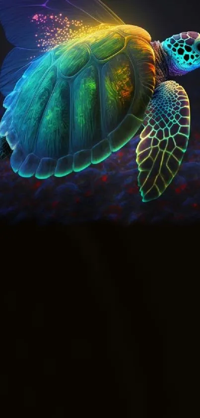 Colorful fantasy turtle with vivid iridescent hues against a dark background.