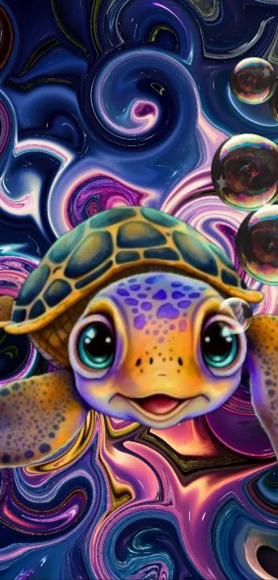 Colorful cartoon turtle with a vibrant swirl background wallpaper.