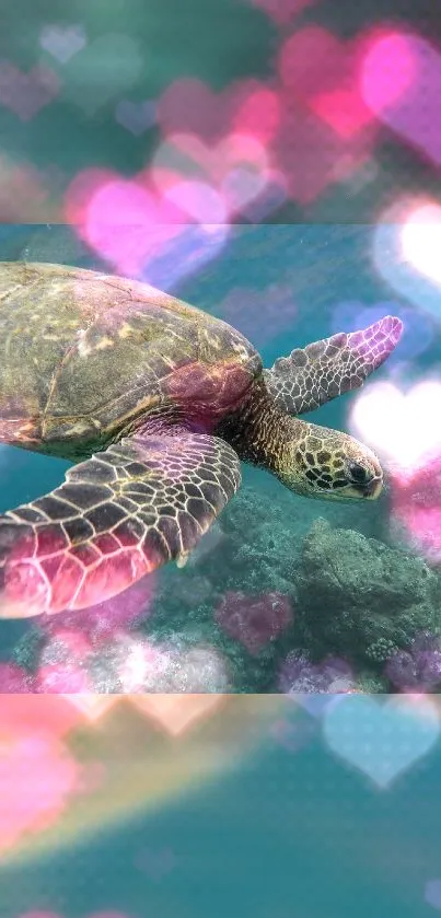 Sea turtle amidst colorful heart shapes in ocean-themed wallpaper.