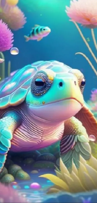 Vibrant underwater fantasy turtle art.