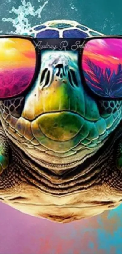 Stylish turtle wearing colorful sunglasses on a vibrant background.