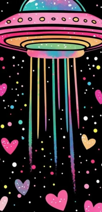 Colorful UFO and hearts with starry background