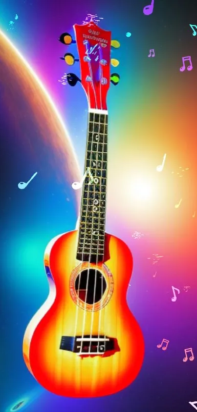 Vibrant ukulele on cosmic colorful background wallpaper.