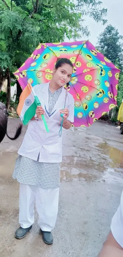 Young woman with colorful umbrella in a village scene.